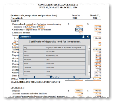 Portion of the balance sheet in a filing, as it appears with interactive functionality in the Inline XBRL (iXBRL) viewer.